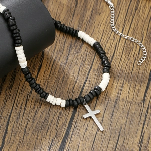 Summer Bohemian wood bead necklace for men with stainless steel cross pendant