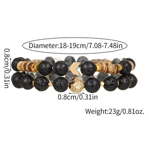 Men's two-piece beaded bracelet set with black lava stone, wood beads and gold alloy accents
