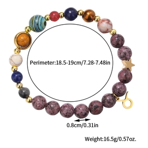 Detail of galaxy beaded bracelet with zodiac charm and 8mm natural stone beads