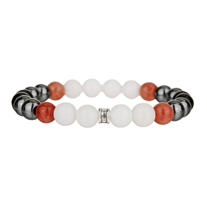 Elegant beaded couple bracelet with rose quartz garnet and dark metallic beads on white background