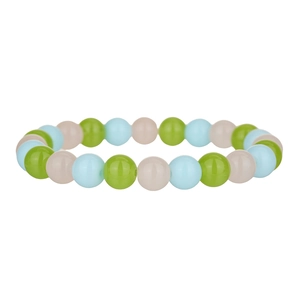 Close-up of beaded bracelet with 8mm pastel pink, blue, and green stone beads