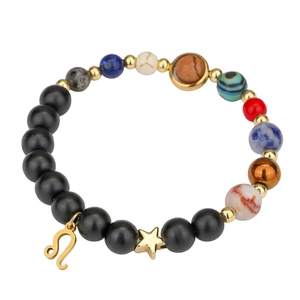 Solar system natural stone bead bracelet featuring Leo zodiac sign golden pendant
