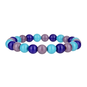 Detail of beaded bracelet showing blue and purple smooth round beads on a white background