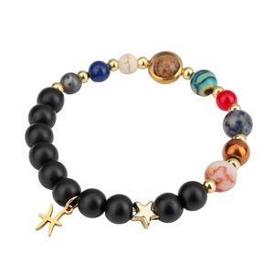 Pisces zodiac charm bracelet with matte black beads and colorful natural galaxy stones