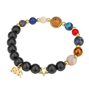 Solar system beaded bracelet with black onyx and gold Aquarius zodiac charm