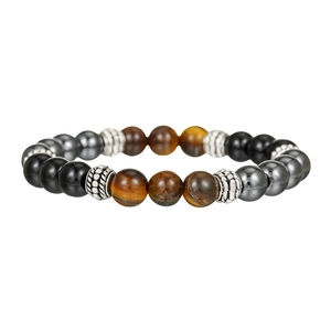 Detail van kralenarmband met bruin tijgeroog, zwarte agaat en zilveren tussenstukjes