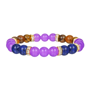 Rijkdom armband met amethist, lapis lazuli en tijgeroog kralen met gouden tussenstukjes
