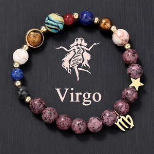 Handmade natural stone beaded bracelet with gold Virgo zodiac sign and star pendant charms
