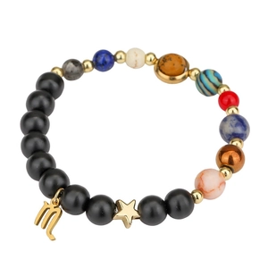 Detail of Eight Planets solar system beaded bracelet with Scorpio charm and black matte stone
