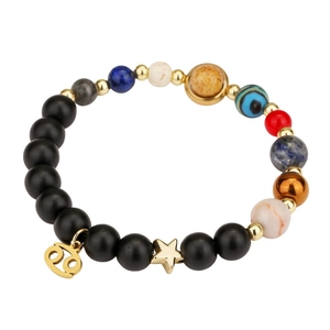 Detailed view of handmade solar system bracelet with Cancer zodiac and star charms