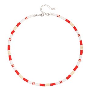 Colorful polymer clay heishi bead necklace with red and white summer beach dopamine style