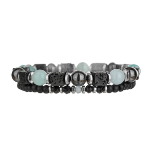 Bracciale da uomo a due strati con pietre laviche nere e perline di agata blu