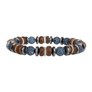 Herenarmband van hematiet en hout met blauwe patroonstenen en metalen tussenstukken