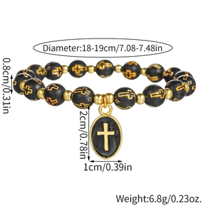 Tabla de medidas de pulsera de cuentas negras con cruz y colgante ovalado en dorado