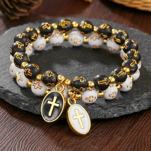 Pulsera de Cuentas de Cruz Religiosa Vintage Para Mujeres Hombres Aleación de Acrílico Bautismo Oración Rosario Pulsera Joyería Regalo