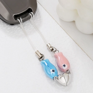 Kawaii Ocean Style Ceramic Fish Beaded Phone Charm With Magnetic Heart Cute Handmade Phone Strap Keychain Accessory For Women Girls