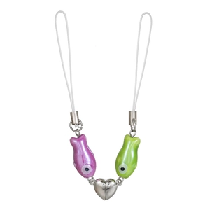 Matching magnetic couple fish charms with pearl texture and silver hearts for phone or keys