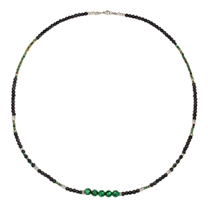 Bohemian long necklace for men featuring black volcanic stone and green pine beads