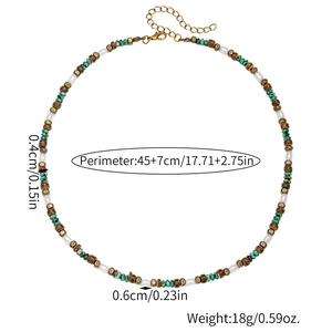 Detail showing vintage disc bead necklace measurements of 45+7cm length and 18g weight