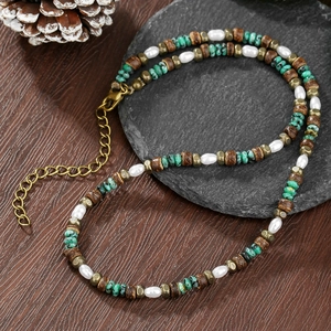 Bohemian pearl and turquoise beaded necklace with vintage coconut shells for summer