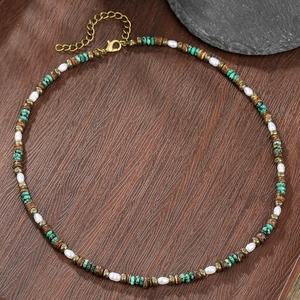 Bohemian beaded necklace with turquoise, brown wood beads and pearls for men