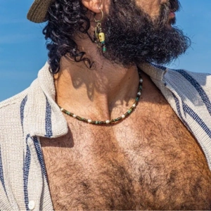 Bohemian beaded necklace and earring set with skull pendant for men on vacation