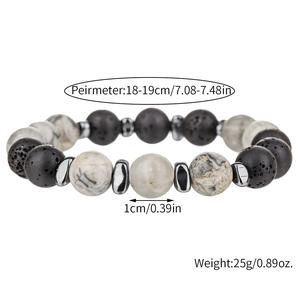 Detail view of volcanic rock beads with labels for perimeter and diameter dimensions