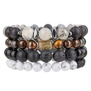 Natural Lava Stone Tiger Eye Obsidian Beaded Bracelet For Men Women Vintage Handmade Geometric Stone Hand Chain Jewelry