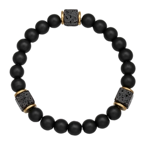 Pulsera para hombre de cuentas negras mate con piedras de lava cuadradas y aros de oro