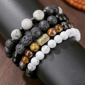 Lava rock and tiger eye beaded bracelet set for men with natural geometric stone accents