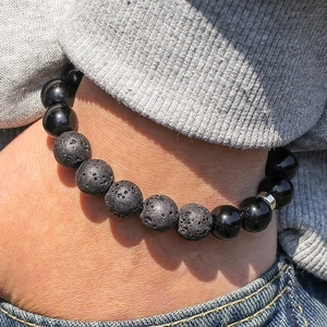 Lava rock and obsidian beaded bracelet for men with silver metal cylinder accent bead