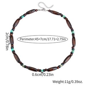 Bohemian retro wood bead necklace for men featuring brown olive beads and turquoise stones