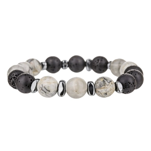Macro shot of natural volcanic lava stones and marble beads on a designer beaded bracelet