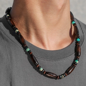 Bohemian Vintage Wood Beads Turquoise Beaded Necklace For Men Handmade Ethnic Summer Beach Surf Long Chain Necklace