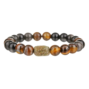 Lava stone and tiger eye beaded bracelet with unique geometric green stone design