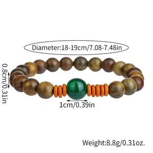 Détail du bracelet en perles de bois avec agate verte et spécifications de dimensions
