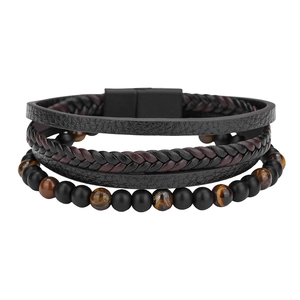 Pulsera multicapa para hombre de cuero trenzado, cuentas ojo de tigre y cierre magnético