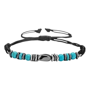 Handmade woven men's bracelet with turquoise beads and hematite accents on white background