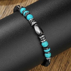 Adjustable men's woven bracelet with turquoise beads and hematite geometric spacers