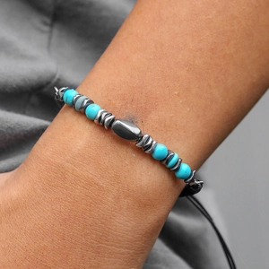 Handmade turquoise bead bracelet with hematite accents and black stone for men and women