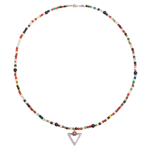 Ethnic beaded necklace with colorful glass beads and a vintage triangle metal pendant