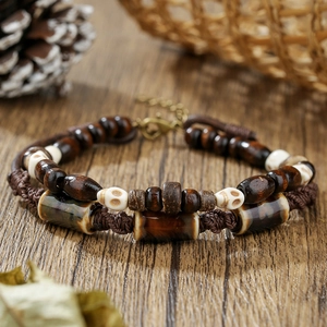 Bohemian beach ankle bracelet with wooden beads and turquoise skull charm for men