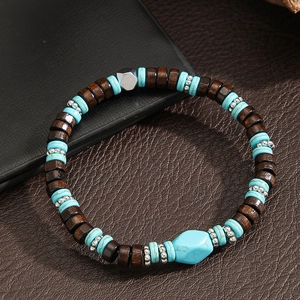 Pulsera bohemia para hombre con piedras turquesas, cuentas de madera y metal