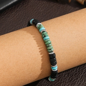Retro beaded bracelet with wooden beads, turquoise stone, and metallic spacers for men