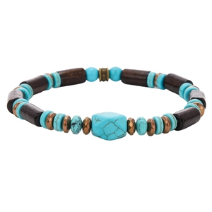 Pulsera bohemia de cuentas de turquesa y madera con un colgante hexagonal de estilo étnico