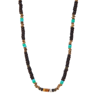 Détail de perles en bois bohèmes et séparateurs turquoise avec pendentif agate