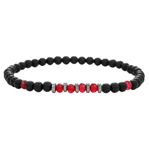 Primer plano de pulsera de cuentas negras mates con cristales rojos y separadores plateados