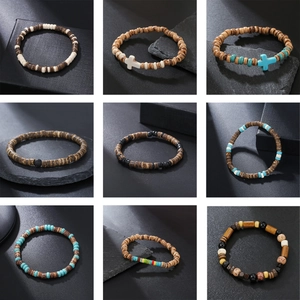 Pulsera de Cuentas de Madera Vintage para Hombre con Piedra Turquesa Hecha a Mano Étnica Bohemia Colgante Cruz Joyería Elástica