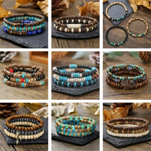 Bohemian multilayer wooden bead bracelet set for men with turquoise and cross pendants