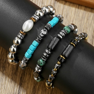 Bohemian multilayer tiger eye and wood bead bracelet set with silver skull charm